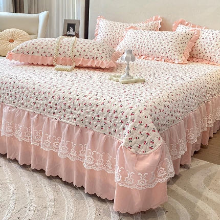 91家纺网 家纺一手货源 找家纺 2025春夏A类母婴级小清新印花夹棉泡泡棉床盖三件套纯棉全棉双层纱棉麻床盖三件套