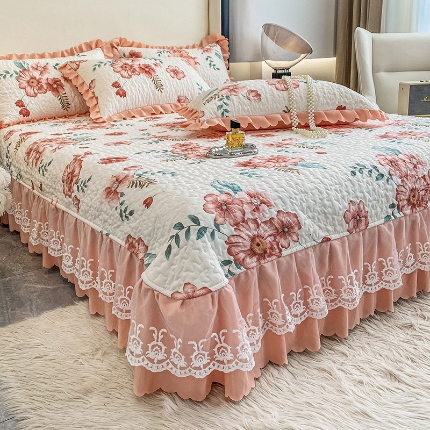 91家纺网 家纺一手货源 找家纺 2025春夏A类母婴级小清新印花夹棉泡泡棉床盖三件套纯棉全棉双层纱棉麻床盖三件套