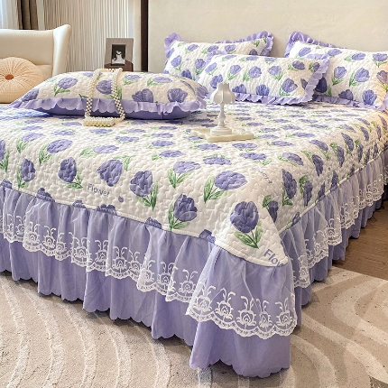 91家纺网 家纺一手货源 找家纺 2025春夏A类母婴级小清新印花夹棉泡泡棉床盖三件套纯棉全棉双层纱棉麻床盖三件套