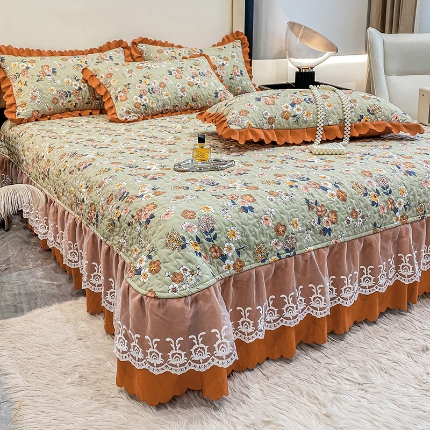 91家纺网 家纺一手货源 找家纺 2025春夏A类母婴级小清新印花夹棉泡泡棉床盖三件套纯棉全棉双层纱棉麻床盖三件套