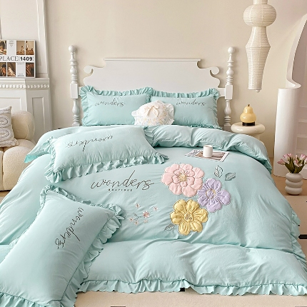 91家纺网 家纺一手货源 找家纺 （总）漫布云2025新款水洗棉立体刺绣四件套贴布绣花卉双层纱棉麻泡泡纱泡泡棉小竺棉四件套公主风