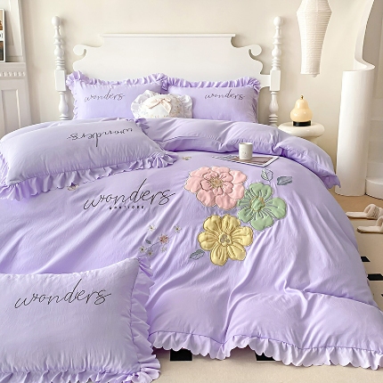 91家纺网 家纺一手货源 找家纺 （总） 苏米娜2024新款水洗棉立体刺绣四件套贴布绣花卉双层纱棉麻泡泡纱泡泡棉小竺棉四件套公主风