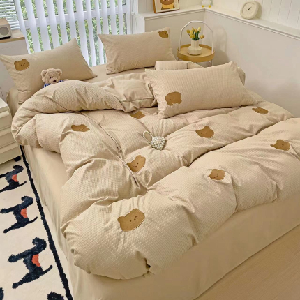 N先生 2025新款水洗棉泡泡刺绣四件套 熊宝宝