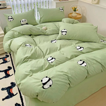 N先生 2025新款水洗棉泡泡刺绣四件套 小熊猫