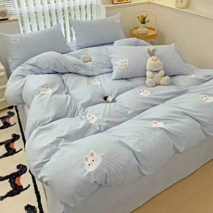 N先生 2025新款水洗棉泡泡刺绣四件套 小白兔