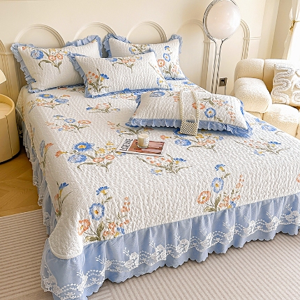 91家纺网 家纺一手货源 找家纺 苏米娜2024春夏A类小清新双层纱棉麻泡泡棉床盖三件套有氧提花小竺棉纯棉全棉泡泡纱床盖三件套