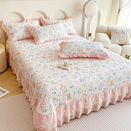 91家纺网 家纺一手货源 找家纺 苏米娜2024春夏A类小清新双层纱棉麻泡泡棉床盖三件套有氧提花小竺棉纯棉全棉泡泡纱床盖三件套