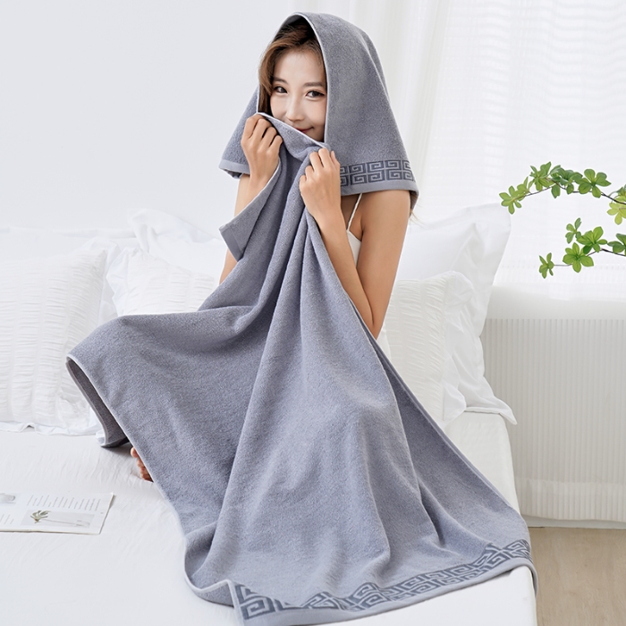 91家纺网 家纺一手货源 找家纺 朴尔家纺-毛巾被 2024新款全棉32股民族风长城格加厚毛巾浴巾方巾三件套 毛巾灰色34*74cm