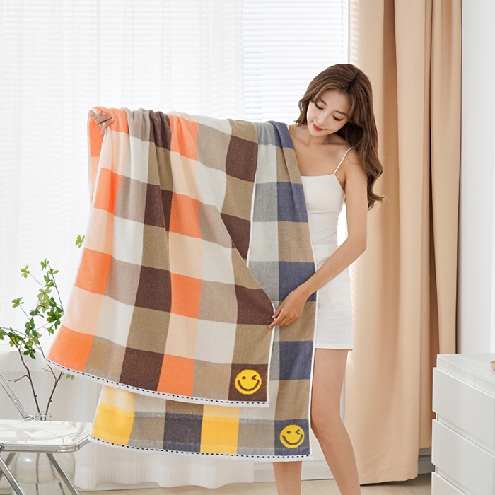91家纺网 家纺一手货源 找家纺 朴尔家纺-毛巾被 2024新款纯棉32股运动风男士色织条纹笑脸加厚毛巾浴巾组合 毛巾笑脸橘35*75cm