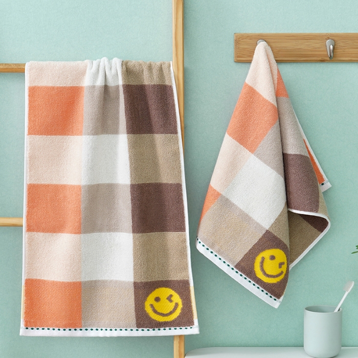91家纺网 家纺一手货源 找家纺 朴尔家纺-毛巾被 2024新款纯棉32股运动风男士色织条纹笑脸加厚毛巾浴巾组合 毛巾笑脸橘35*75cm