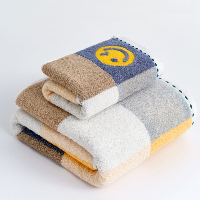 91家纺网 家纺一手货源 找家纺 朴尔家纺-毛巾被 2024新款纯棉32股运动风男士色织条纹笑脸加厚毛巾浴巾组合 毛巾笑脸蓝35*75cm