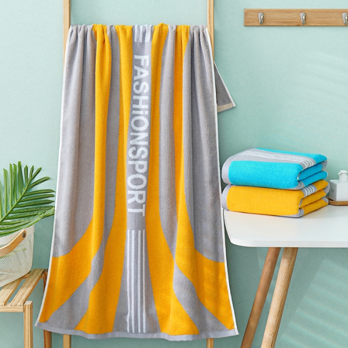 91家纺网 家纺一手货源 找家纺 朴尔家纺-毛巾被 2024新款纯棉32股运动风男士色织条纹笑脸加厚毛巾浴巾组合 毛巾运动条纹黄35*75cm