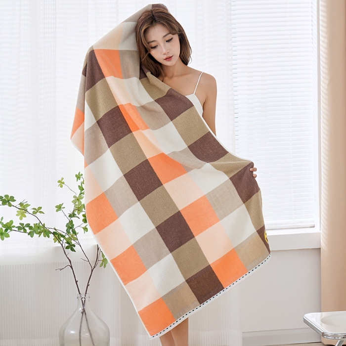 91家纺网 家纺一手货源 找家纺 朴尔家纺-毛巾被 2024新款纯棉32股运动风男士色织条纹笑脸加厚毛巾浴巾组合 浴巾笑脸橘70*140cm