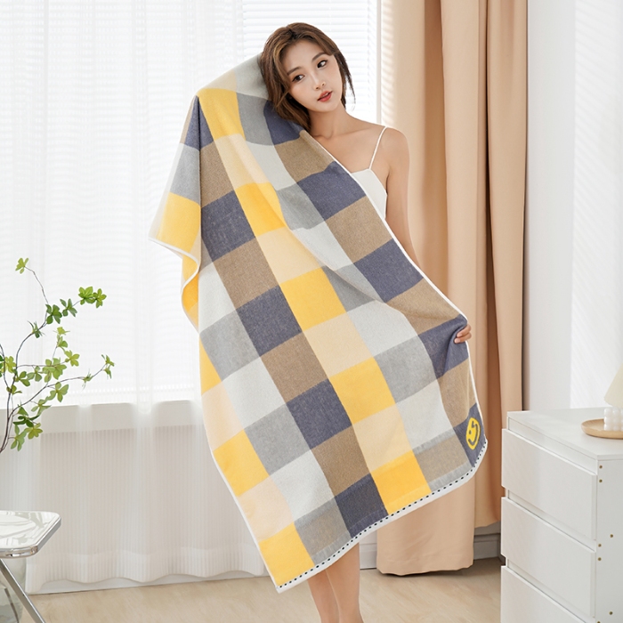 91家纺网 家纺一手货源 找家纺 朴尔家纺-毛巾被 2024新款纯棉32股运动风男士色织条纹笑脸加厚毛巾浴巾组合 浴巾笑脸蓝70*140cm