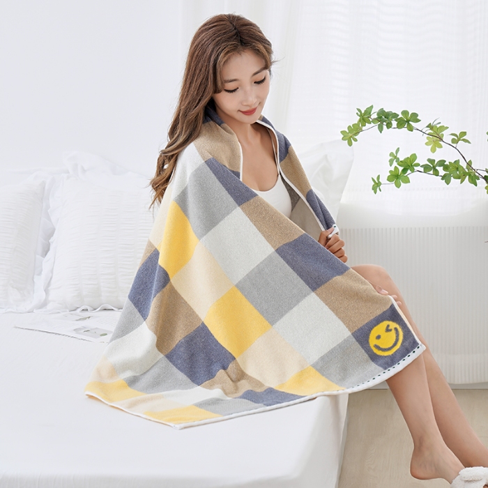 91家纺网 家纺一手货源 找家纺 朴尔家纺-毛巾被 2024新款纯棉32股运动风男士色织条纹笑脸加厚毛巾浴巾组合 浴巾笑脸蓝70*140cm