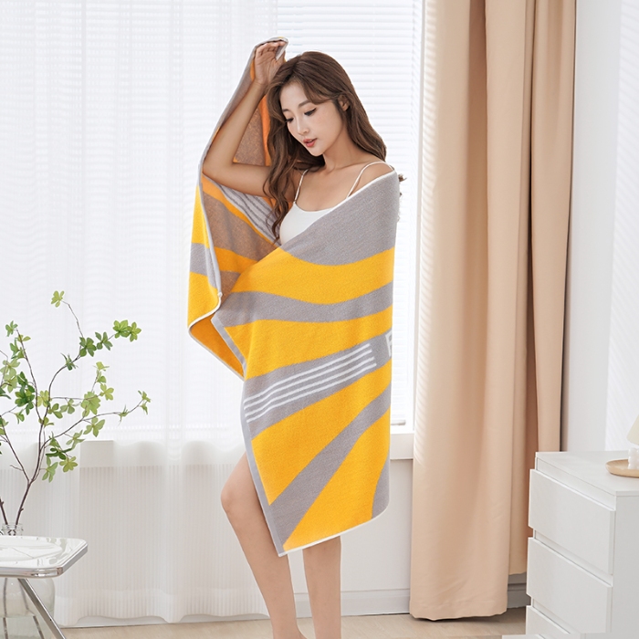 91家纺网 家纺一手货源 找家纺 朴尔家纺-毛巾被 2024新款纯棉32股运动风男士色织条纹笑脸加厚毛巾浴巾组合 浴巾运动条纹黄70*140cm