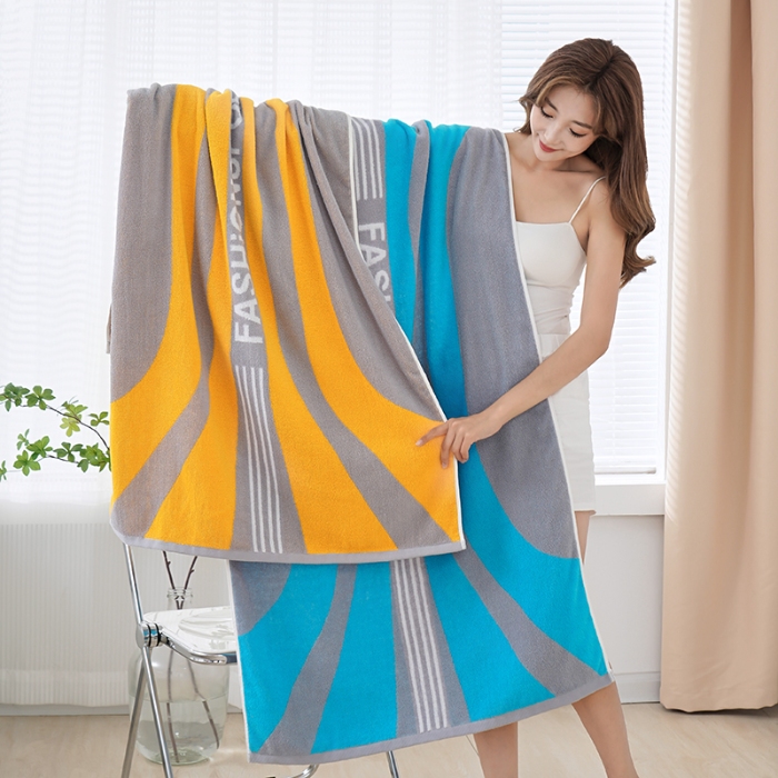 91家纺网 家纺一手货源 找家纺 朴尔家纺-毛巾被 2024新款纯棉32股运动风男士色织条纹笑脸加厚毛巾浴巾组合 浴巾运动条纹蓝70*140cm