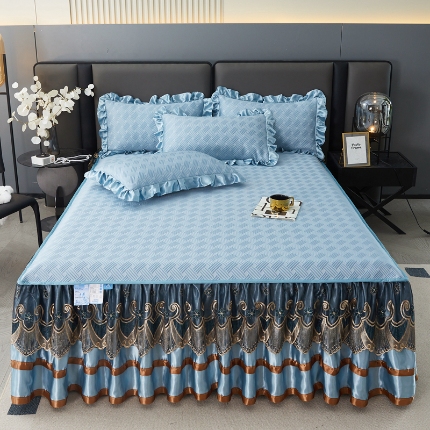 91家纺网 家纺一手货源 找家纺 源梦家纺 2025新款PE聚乙烯欧式床裙凉席——梦之约系列 蓝色