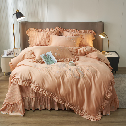 91家纺网 家纺一手货源 找家纺 恒爱家纺 A类60s天丝轻奢夫人系列夏被床盖四件套 轻奢橙