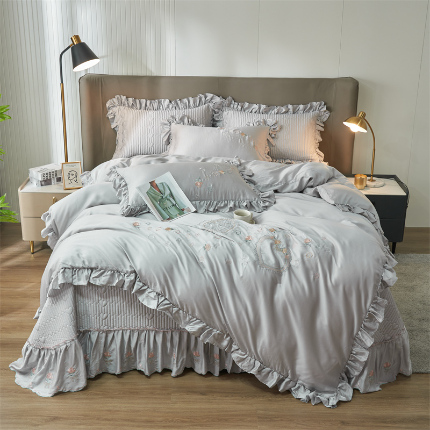 91家纺网 家纺一手货源 找家纺 恒爱家纺 A类60s天丝轻奢夫人系列夏被床盖四件套 轻奢灰