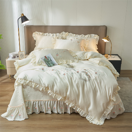 91家纺网 家纺一手货源 找家纺 恒爱家纺 A类60s天丝轻奢夫人系列夏被床盖四件套 轻奢米黄