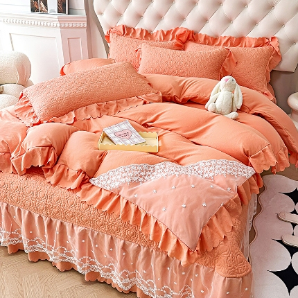 91家纺网 家纺一手货源 找家纺 （总）漫布云2025春夏新款A类母婴级双层纱棉麻蕾丝花边床盖四件套—安妮系列