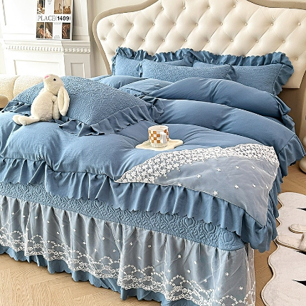 91家纺网 家纺一手货源 找家纺 （总）漫布云2025春夏新款A类母婴级双层纱棉麻蕾丝花边床盖四件套—安妮系列