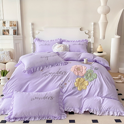 91家纺网 家纺一手货源 找家纺 （总）2025新款水洗棉立体刺绣四件套贴布绣花卉双层纱棉麻泡泡纱泡泡棉小竺棉四件套公主风