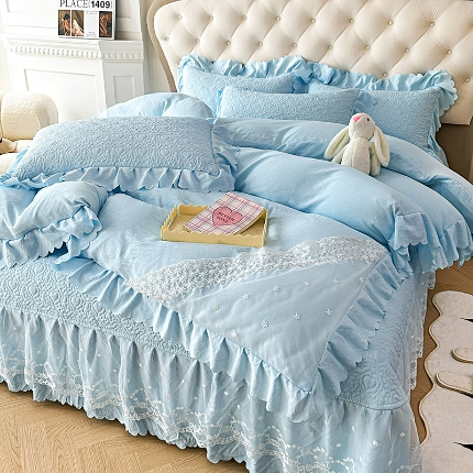 91家纺网 家纺一手货源 找家纺 （总）2025春夏新款A类母婴级双层纱棉麻蕾丝花边床盖四件套—安妮系列