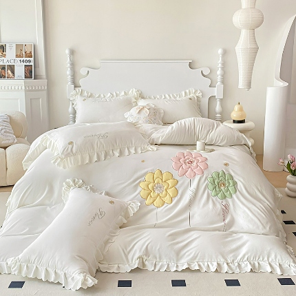 91家纺网 家纺一手货源 找家纺 （总）2025新款水洗棉立体刺绣四件套贴布绣花卉双层纱棉麻泡泡纱泡泡棉小竺棉四件套公主风 