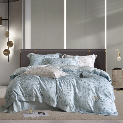 91家纺网 家纺一手货源 找家纺 鼎飞家纺 2024新款天丝棉数码印花刺绣四件套-华尔兹 华尔兹-初微蓝