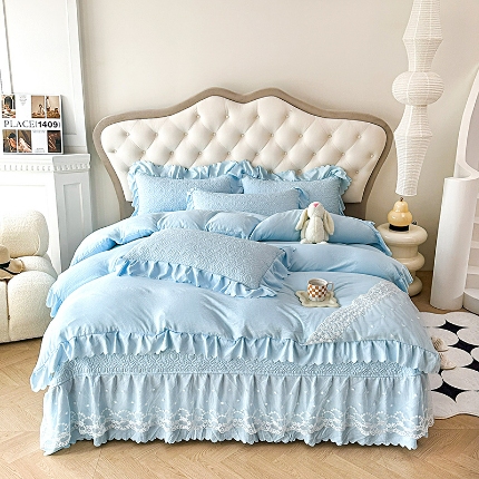 91家纺网 家纺一手货源 找家纺 （总）2025春夏新款A类母婴级双层纱棉麻蕾丝花边床盖四件套—安妮系列