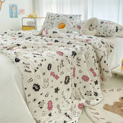 寐眠家纺 2024新款A类母婴级针织棉印花大豆夏被 开心猫