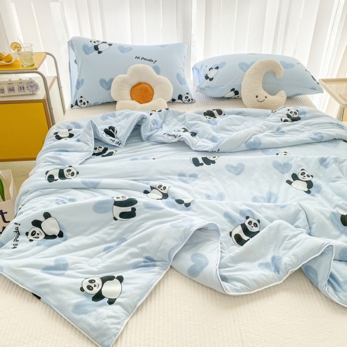 91家纺网 家纺一手货源 找家纺 寐眠家纺 2024新款A类母婴级针织棉印花大豆夏被 熊猫宝宝