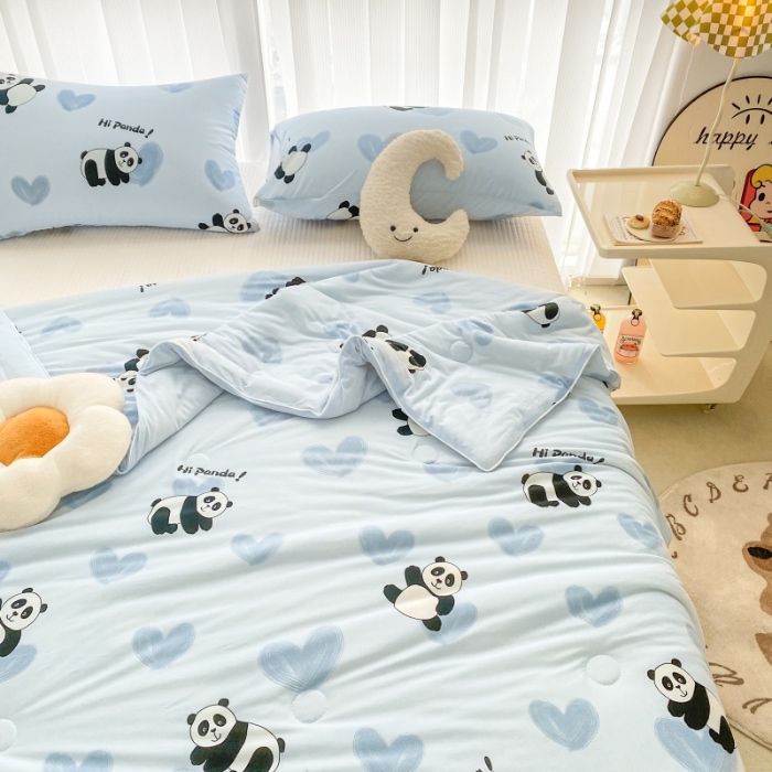 91家纺网 家纺一手货源 找家纺 寐眠家纺 2024新款A类母婴级针织棉印花大豆夏被 熊猫宝宝