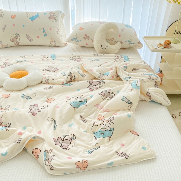 91家纺网 家纺一手货源 找家纺 寐眠家纺 2024新款A类母婴级针织棉印花大豆夏被 长耳兔