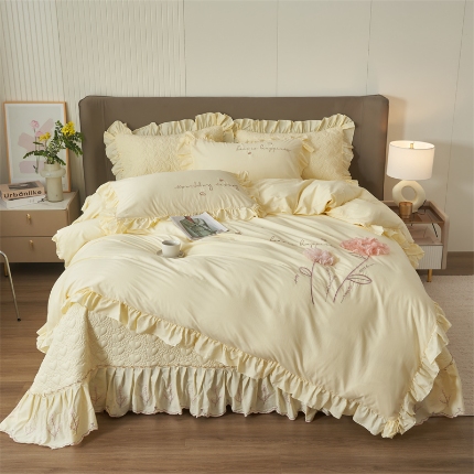 91家纺网 家纺一手货源 找家纺 （总）恒爱家纺 2024新款40S全棉色织水洗棉绣花梦美人床盖四件套