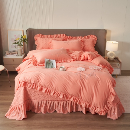 91家纺网 家纺一手货源 找家纺 （总）恒爱家纺 2024新款40S全棉色织水洗棉绣花梦美人床盖四件套