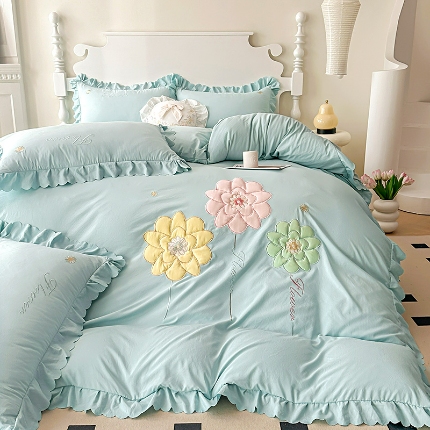 91家纺网 家纺一手货源 找家纺 苏米娜2024新款水洗棉立体刺绣四件套贴布绣花卉双层纱棉麻泡泡纱泡泡棉小竺棉四件套公主风 