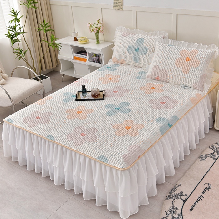 91家纺网 家纺一手货源 找家纺 民新家纺 2024新款凉感丝乳胶床裙凉席 繁花相见