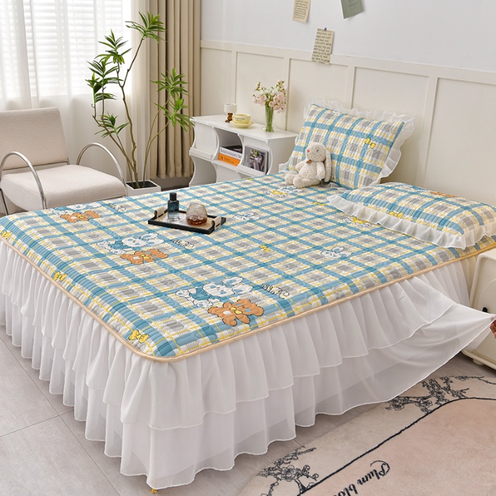 91家纺网 家纺一手货源 找家纺 民新家纺 2024新款凉感丝乳胶床裙凉席 格调兔-蓝