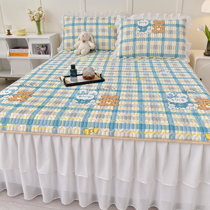 91家纺网 家纺一手货源 找家纺 民新家纺 2024新款凉感丝乳胶床裙凉席 格调兔-蓝