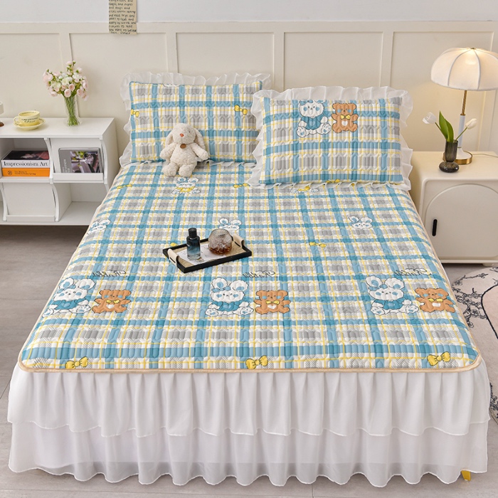 91家纺网 家纺一手货源 找家纺 民新家纺 2024新款凉感丝乳胶床裙凉席 格调兔-蓝