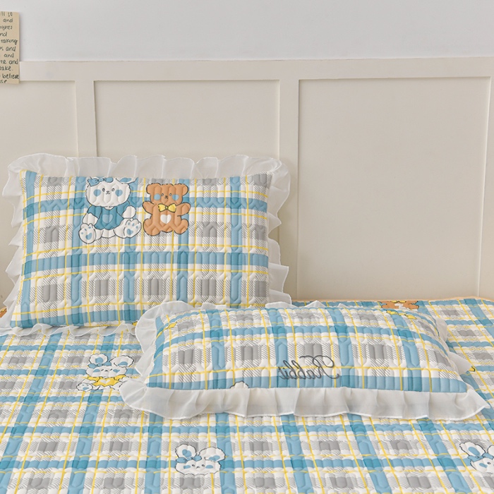 91家纺网 家纺一手货源 找家纺 民新家纺 2024新款凉感丝乳胶床裙凉席 格调兔-蓝