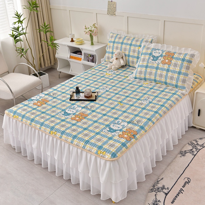 91家纺网 家纺一手货源 找家纺 民新家纺 2024新款凉感丝乳胶床裙凉席 格调兔-蓝