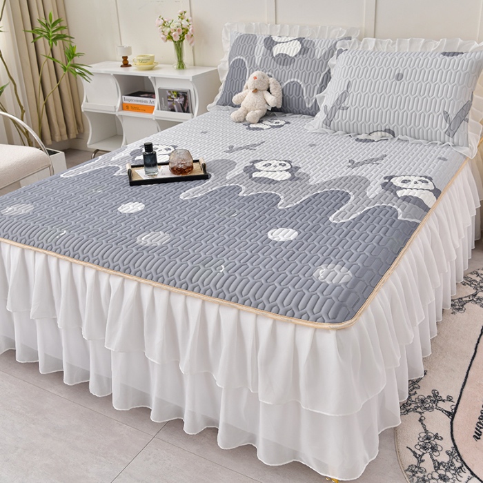 91家纺网 家纺一手货源 找家纺 民新家纺 2024新款凉感丝乳胶床裙凉席 功夫熊猫-灰