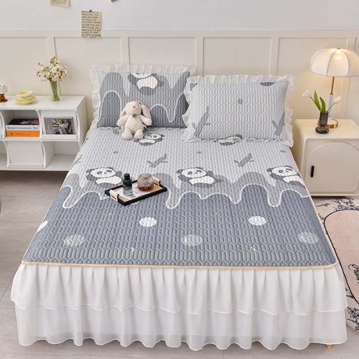 91家纺网 家纺一手货源 找家纺 民新家纺 2024新款凉感丝乳胶床裙凉席 功夫熊猫-灰