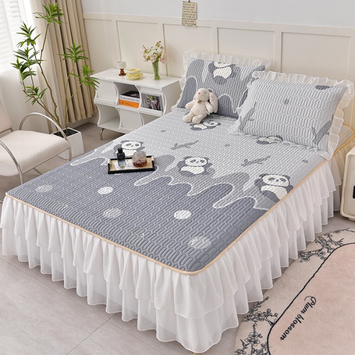 91家纺网 家纺一手货源 找家纺 民新家纺 2024新款凉感丝乳胶床裙凉席 功夫熊猫-灰