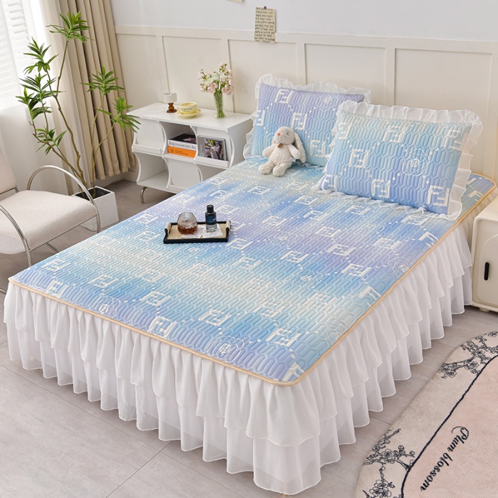 91家纺网 家纺一手货源 找家纺 民新家纺 2024新款凉感丝乳胶床裙凉席 秋水