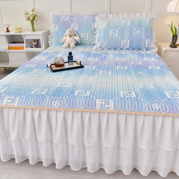 91家纺网 家纺一手货源 找家纺 民新家纺 2024新款凉感丝乳胶床裙凉席 秋水